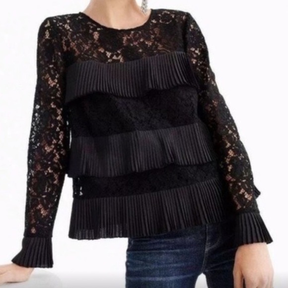 J. Crew | Black Lace Long Sleeve Ruffle Pleats Top Size 4 - Picture 1 of 8